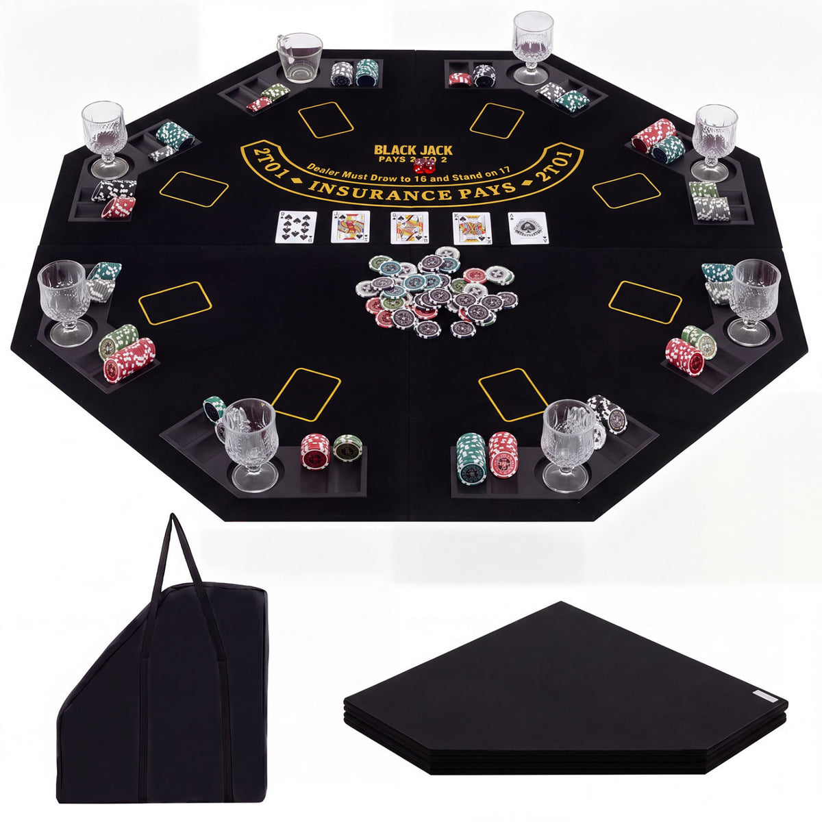 8-Player Portable Poker Table Top with Cup Holders and Chip Trays-Black
