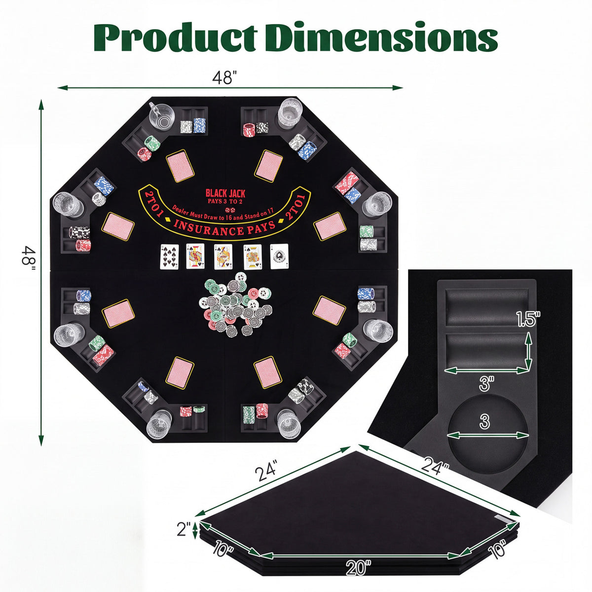 8-Player Portable Poker Table Top with Cup Holders and Chip Trays-Black