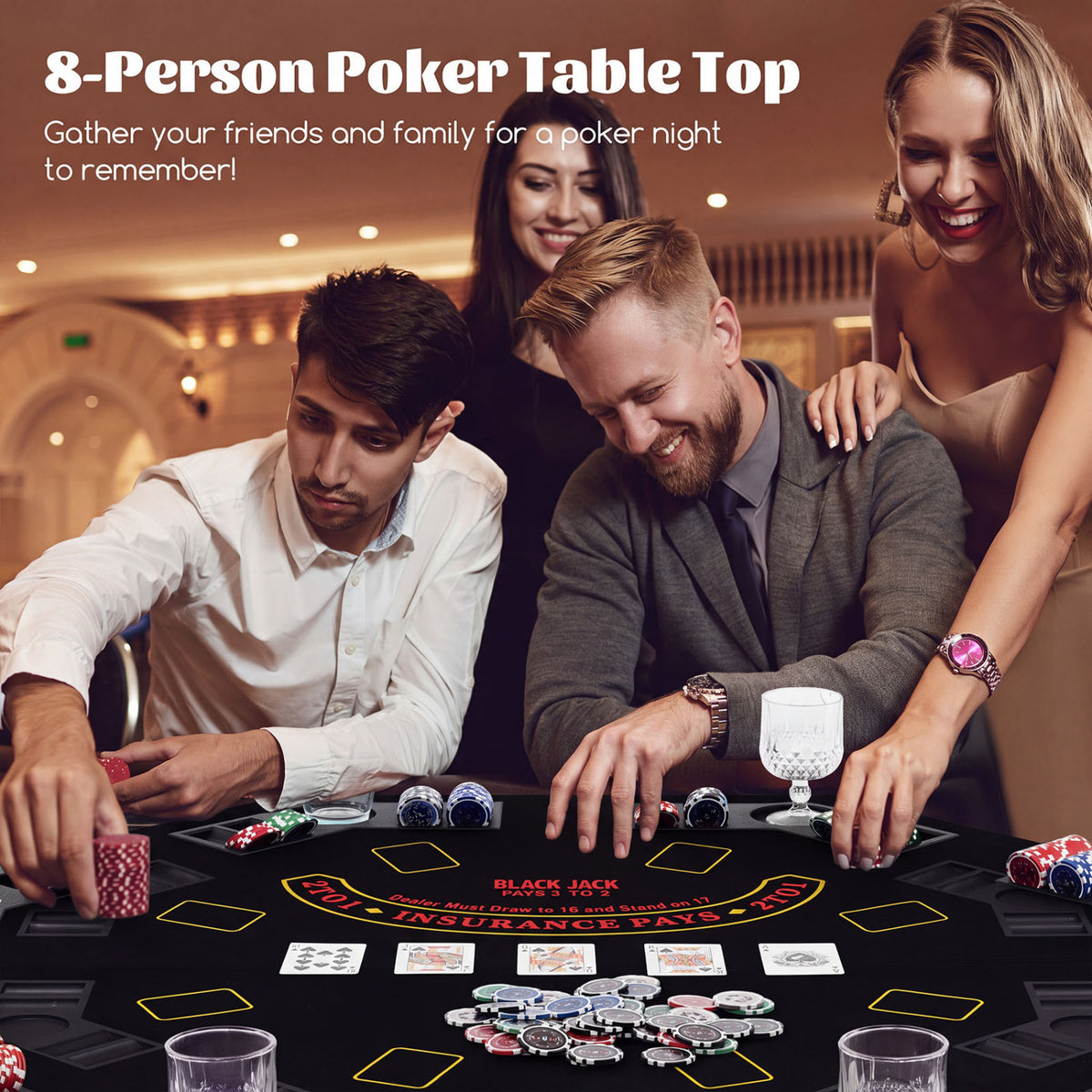 8-Player Portable Poker Table Top with Cup Holders and Chip Trays-Black