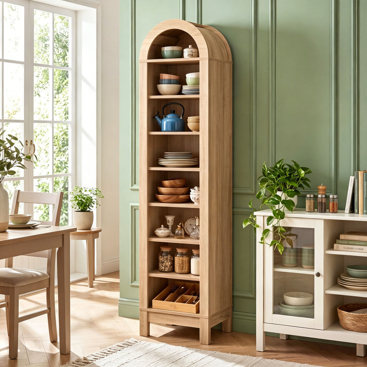 8-Tier Modern Arch Bookshelf with 3 Adjustable Shelves-Natural