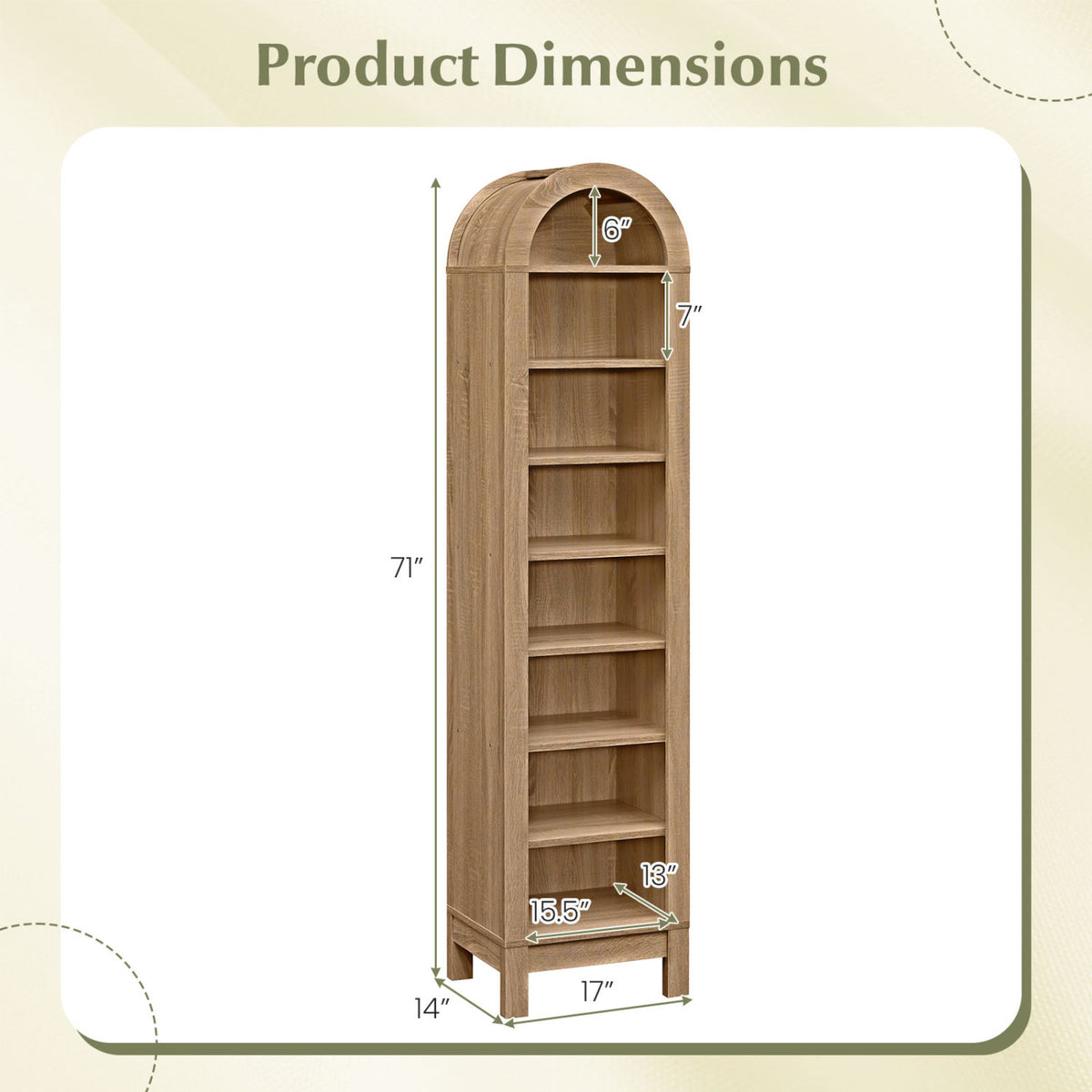 8-Tier Modern Arch Bookshelf with 3 Adjustable Shelves-Natural