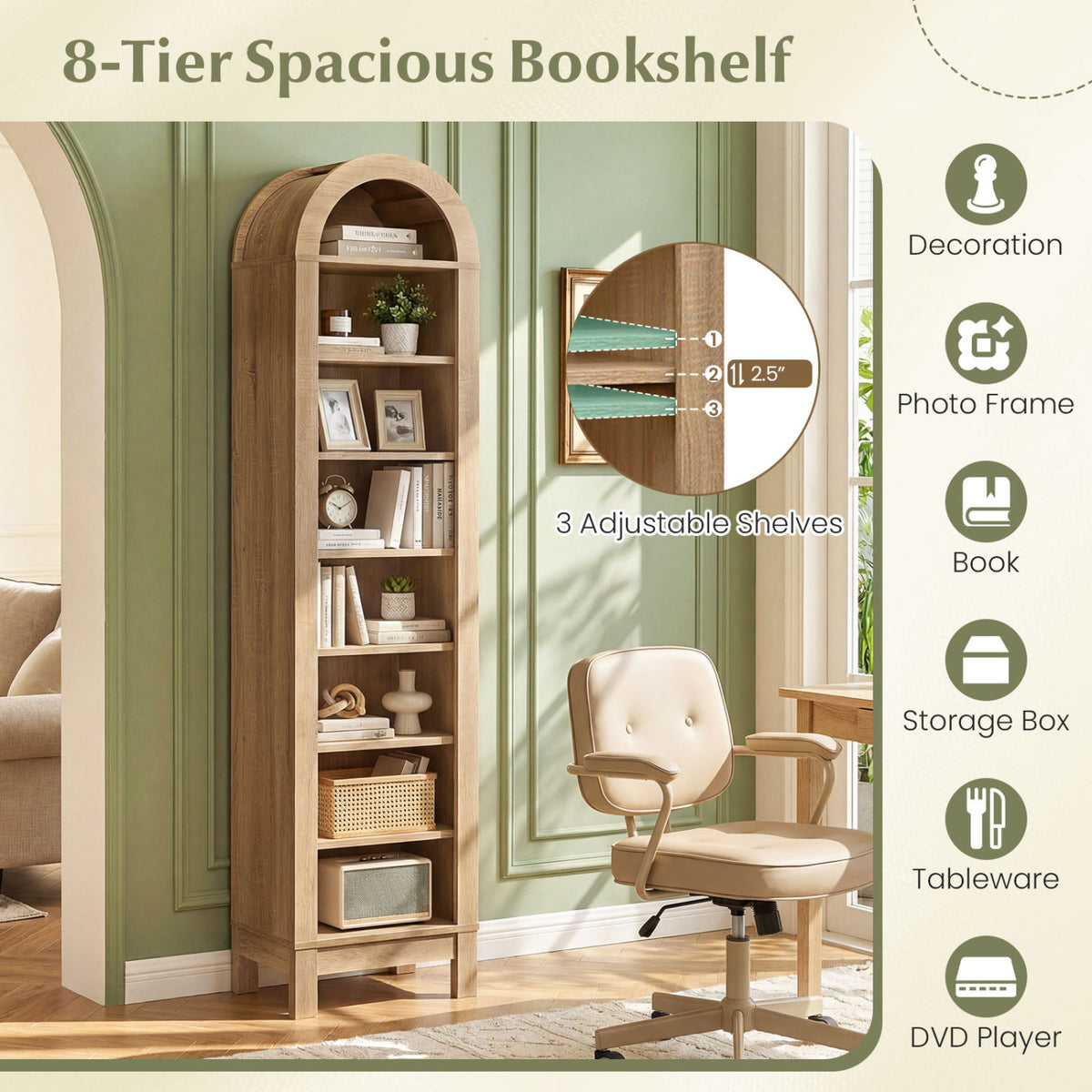 8-Tier Modern Arch Bookshelf with 3 Adjustable Shelves-Natural