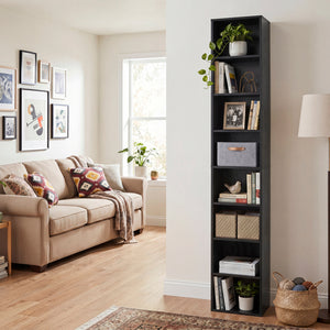 8-Tier Narrow Bookshelf with 4 Adjustable Shelves and Storage Cubes-Black