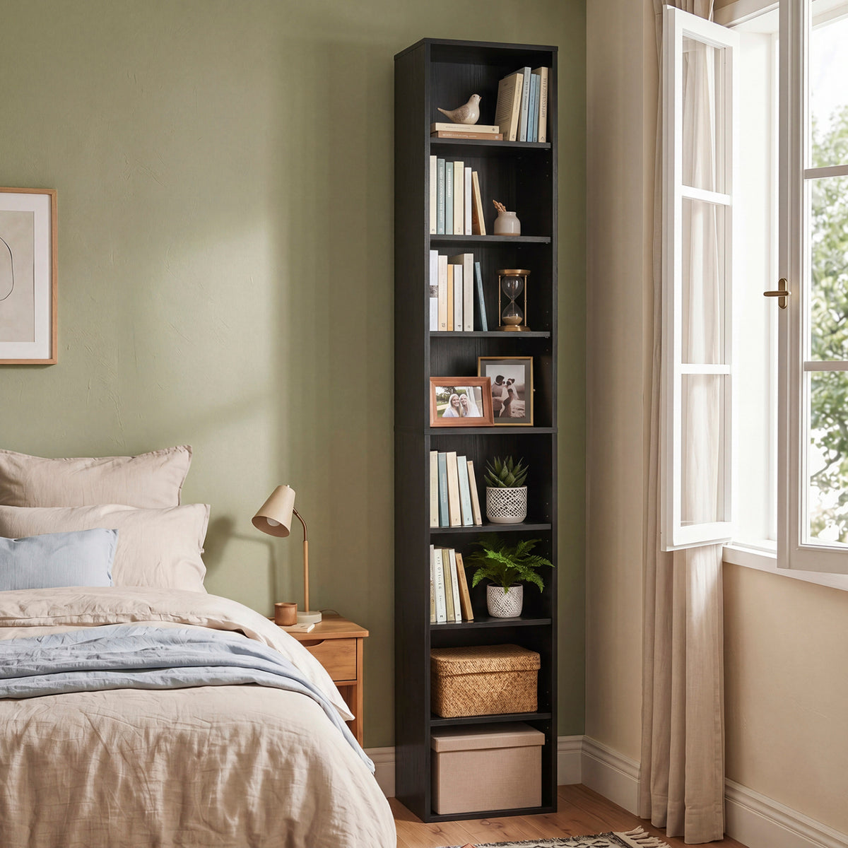 8-Tier Narrow Bookshelf with 4 Adjustable Shelves and Storage Cubes-Black