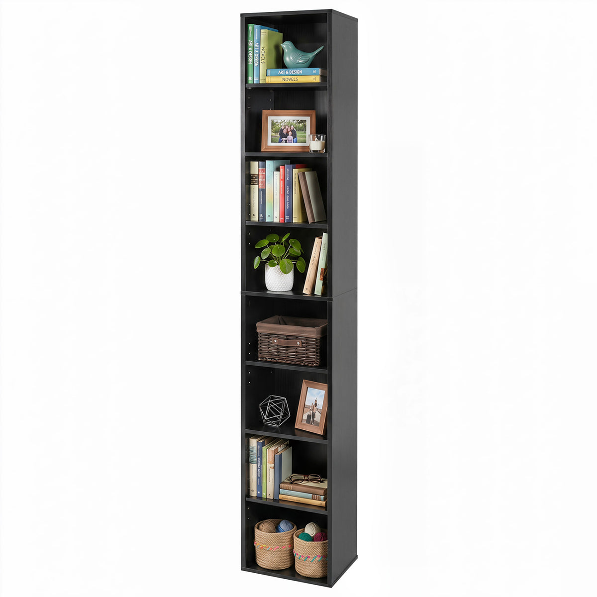8-Tier Narrow Bookshelf with 4 Adjustable Shelves and Storage Cubes-Black