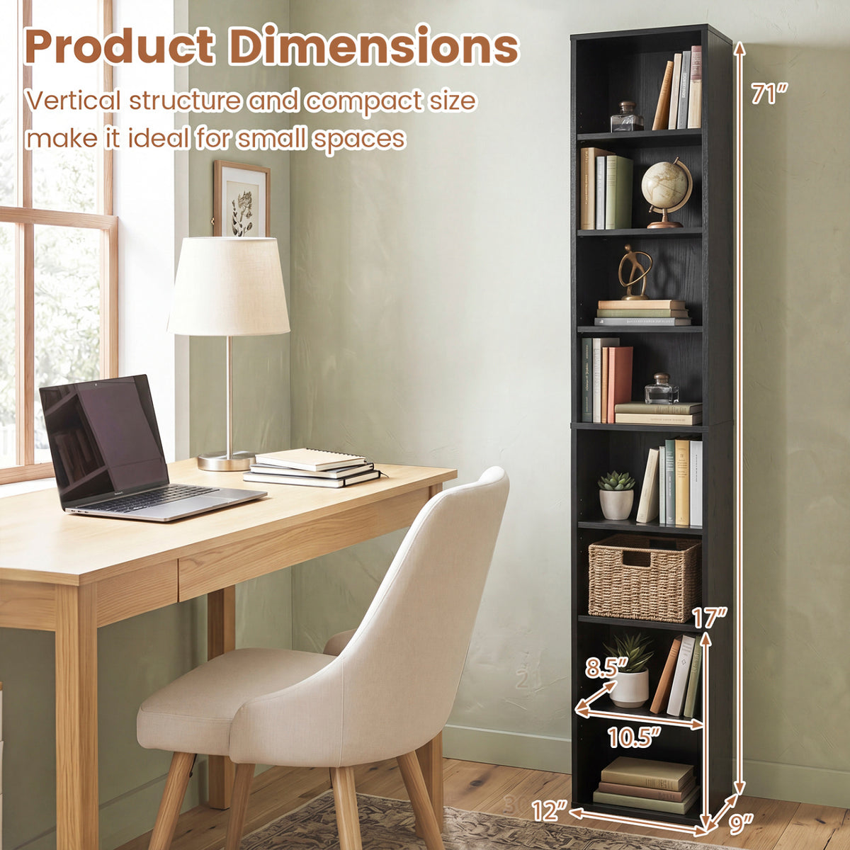 8-Tier Narrow Bookshelf with 4 Adjustable Shelves and Storage Cubes-Black