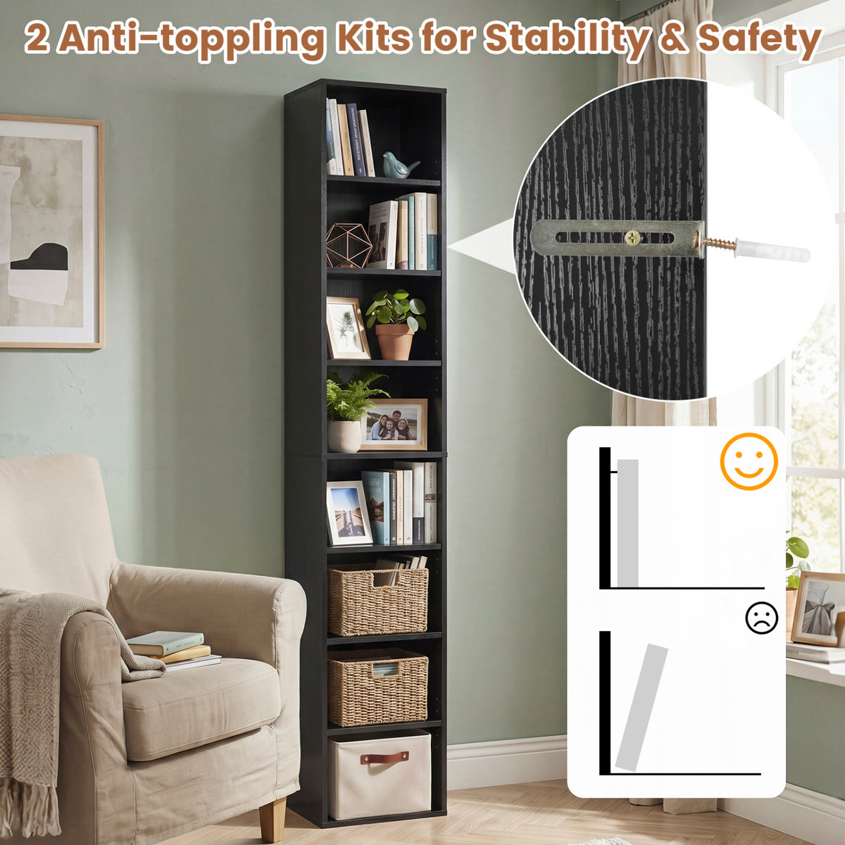 8-Tier Narrow Bookshelf with 4 Adjustable Shelves and Storage Cubes-Black