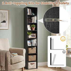 8-Tier Narrow Bookshelf with 4 Adjustable Shelves and Storage Cubes-Black