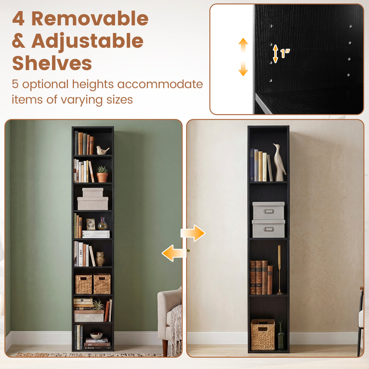 8-Tier Narrow Bookshelf with 4 Adjustable Shelves and Storage Cubes-Black