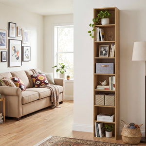 8-Tier Narrow Bookshelf with 4 Adjustable Shelves and Storage Cubes-Natural