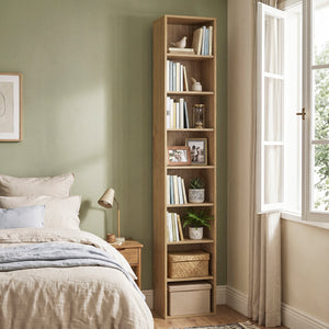 8-Tier Narrow Bookshelf with 4 Adjustable Shelves and Storage Cubes-Natural