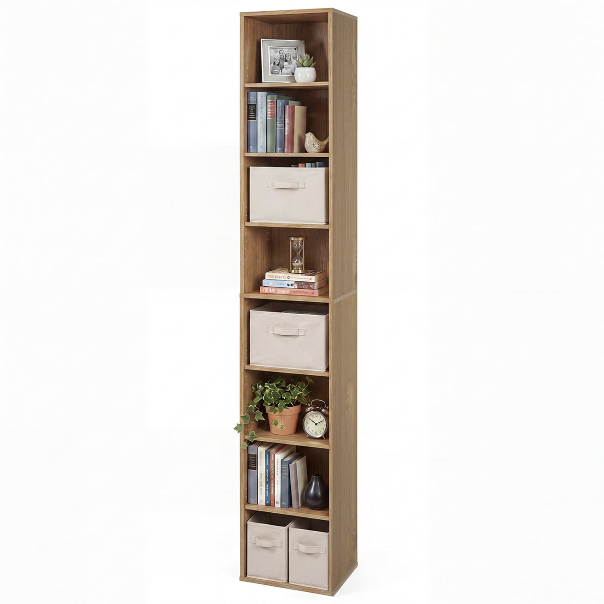 8-Tier Narrow Bookshelf with 4 Adjustable Shelves and Storage Cubes-Natural