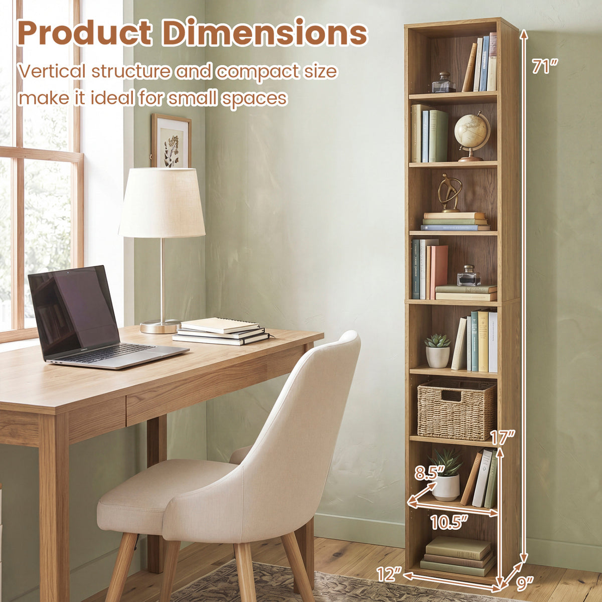 8-Tier Narrow Bookshelf with 4 Adjustable Shelves and Storage Cubes-Natural