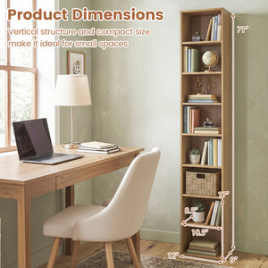 8-Tier Narrow Bookshelf with 4 Adjustable Shelves and Storage Cubes-Natural