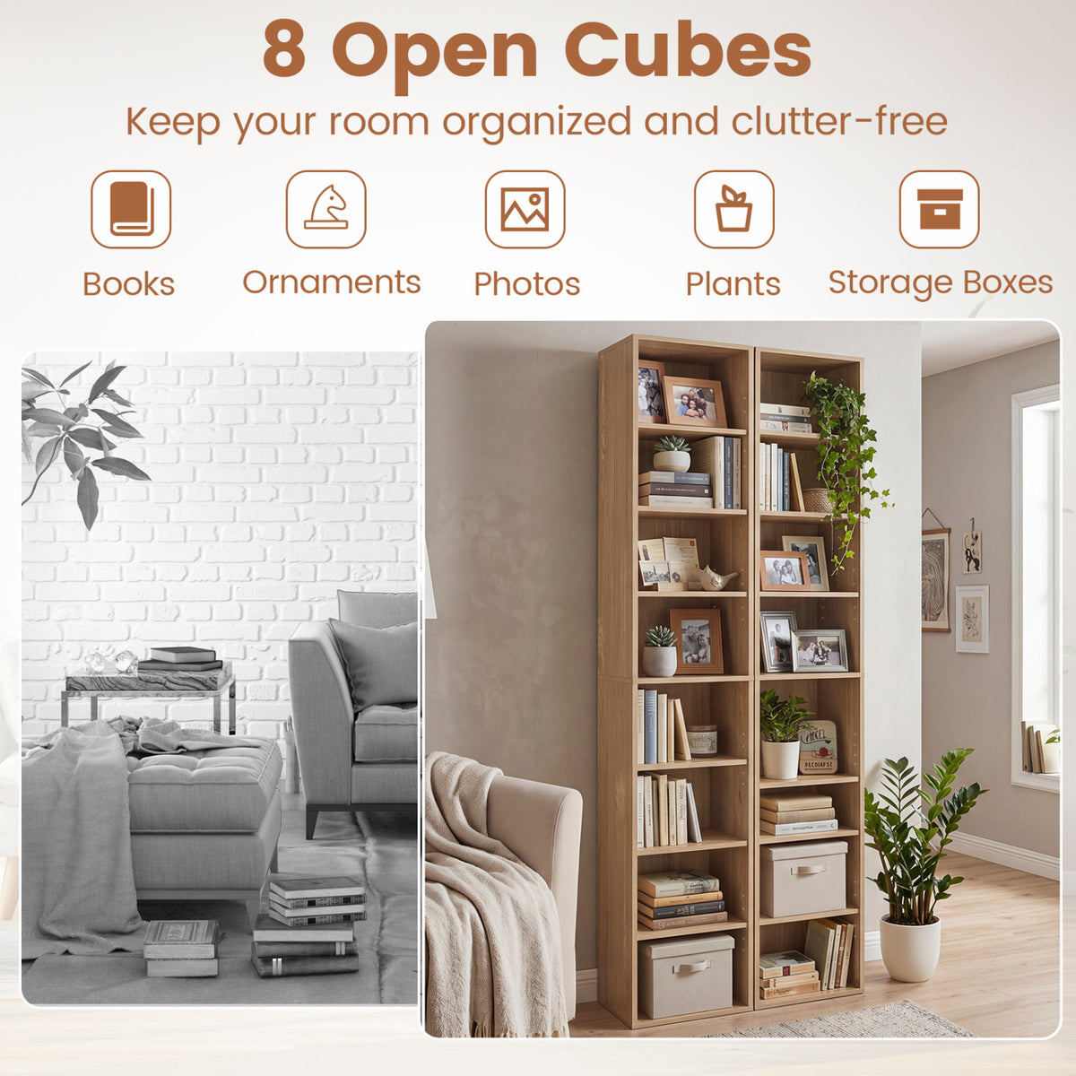 8-Tier Narrow Bookshelf with 4 Adjustable Shelves and Storage Cubes-Natural