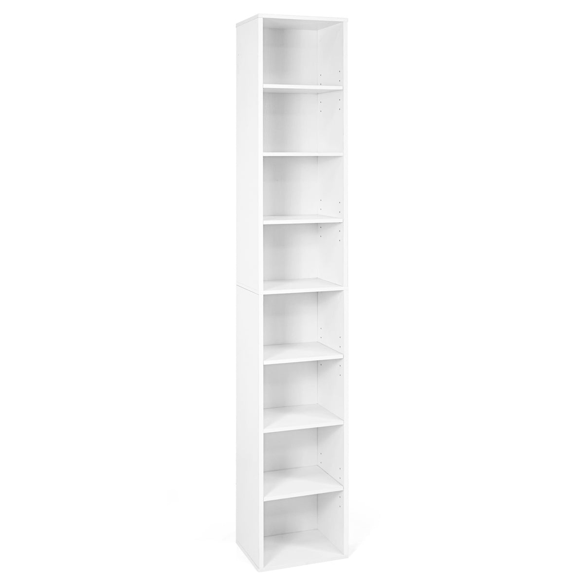 8-Tier Narrow Bookshelf with 4 Adjustable Shelves and Storage Cubes-White