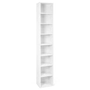8-Tier Narrow Bookshelf with 4 Adjustable Shelves and Storage Cubes-White