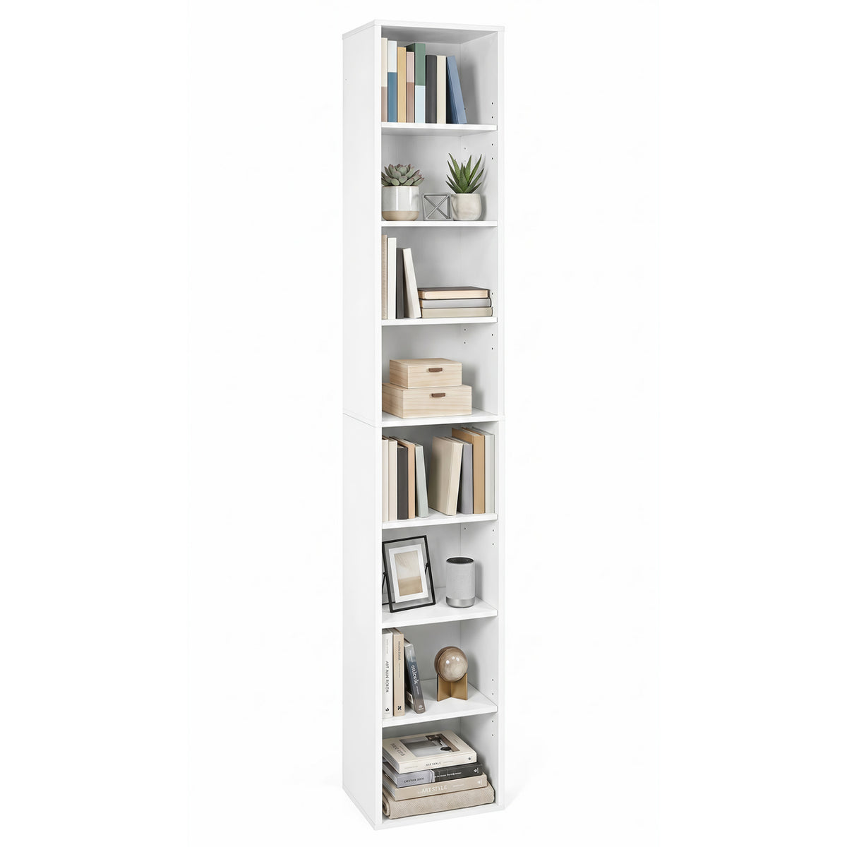 8-Tier Narrow Bookshelf with 4 Adjustable Shelves and Storage Cubes-White