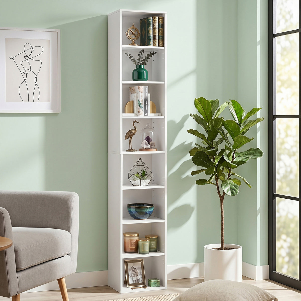8-Tier Narrow Bookshelf with 4 Adjustable Shelves and Storage Cubes-White