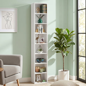 8-Tier Narrow Bookshelf with 4 Adjustable Shelves and Storage Cubes-White
