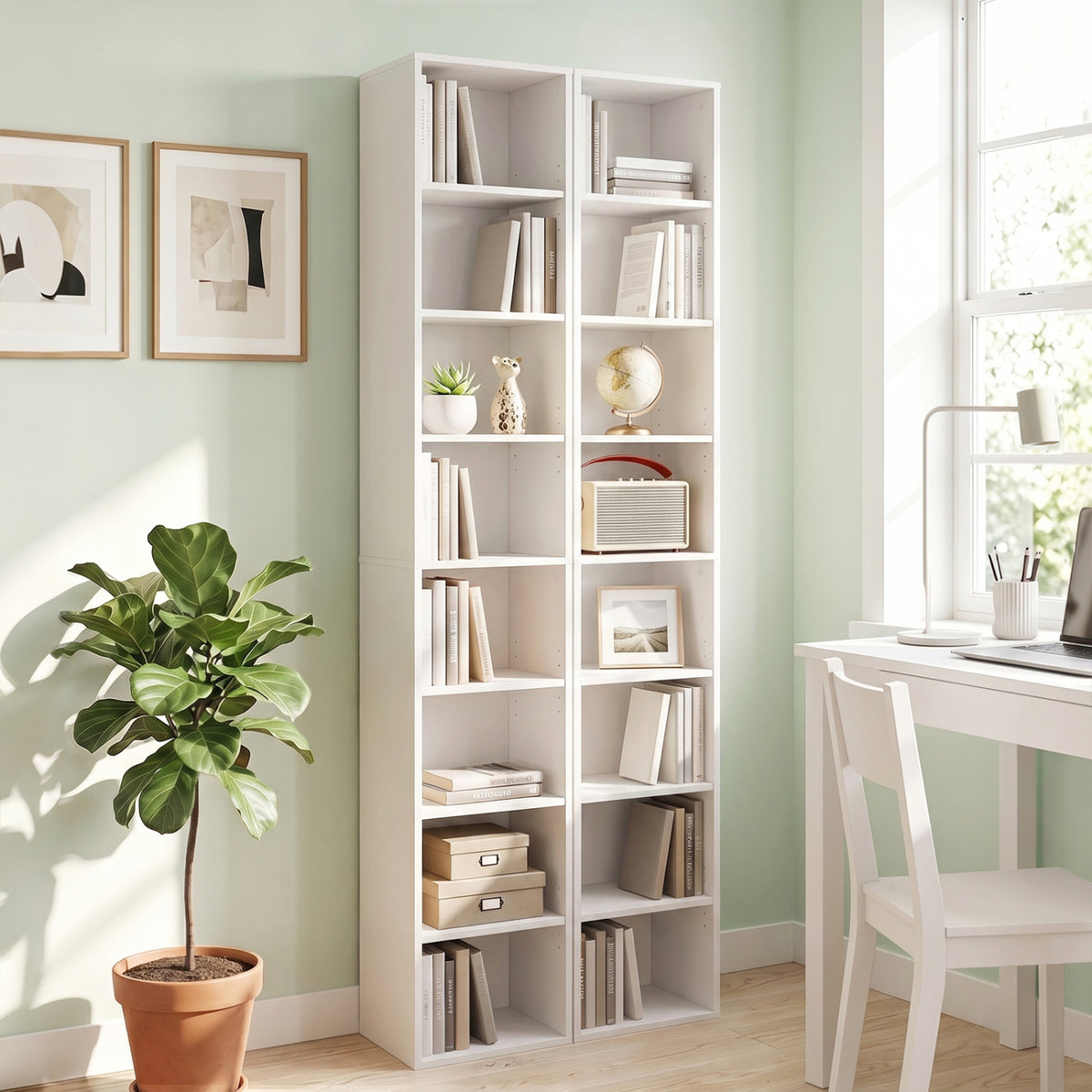 8-Tier Narrow Bookshelf with 4 Adjustable Shelves and Storage Cubes-White