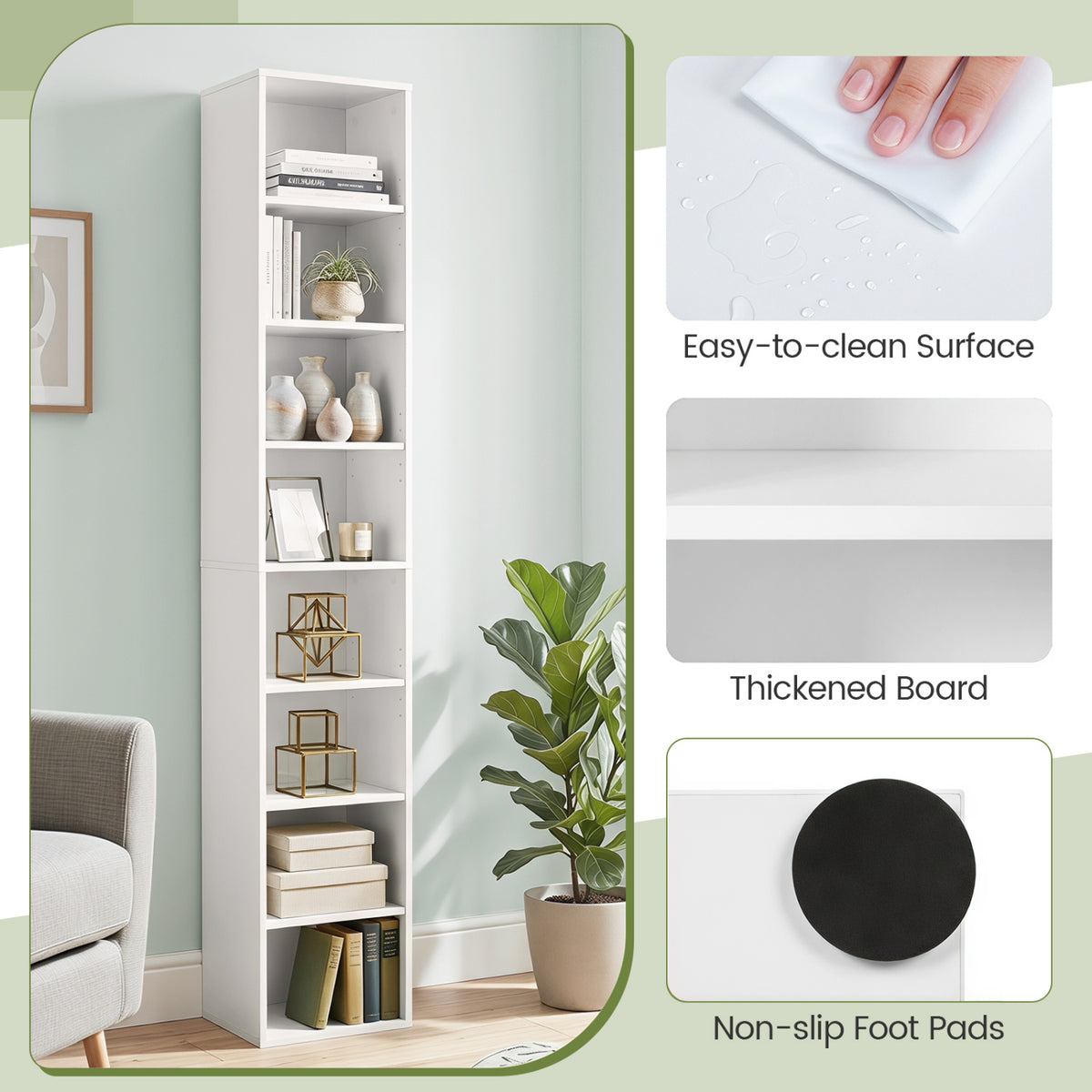 8-Tier Narrow Bookshelf with 4 Adjustable Shelves and Storage Cubes-White