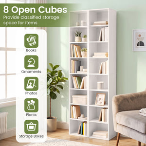 8-Tier Narrow Bookshelf with 4 Adjustable Shelves and Storage Cubes-White