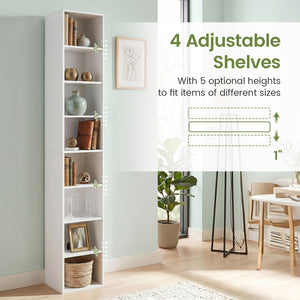 8-Tier Narrow Bookshelf with 4 Adjustable Shelves and Storage Cubes-White