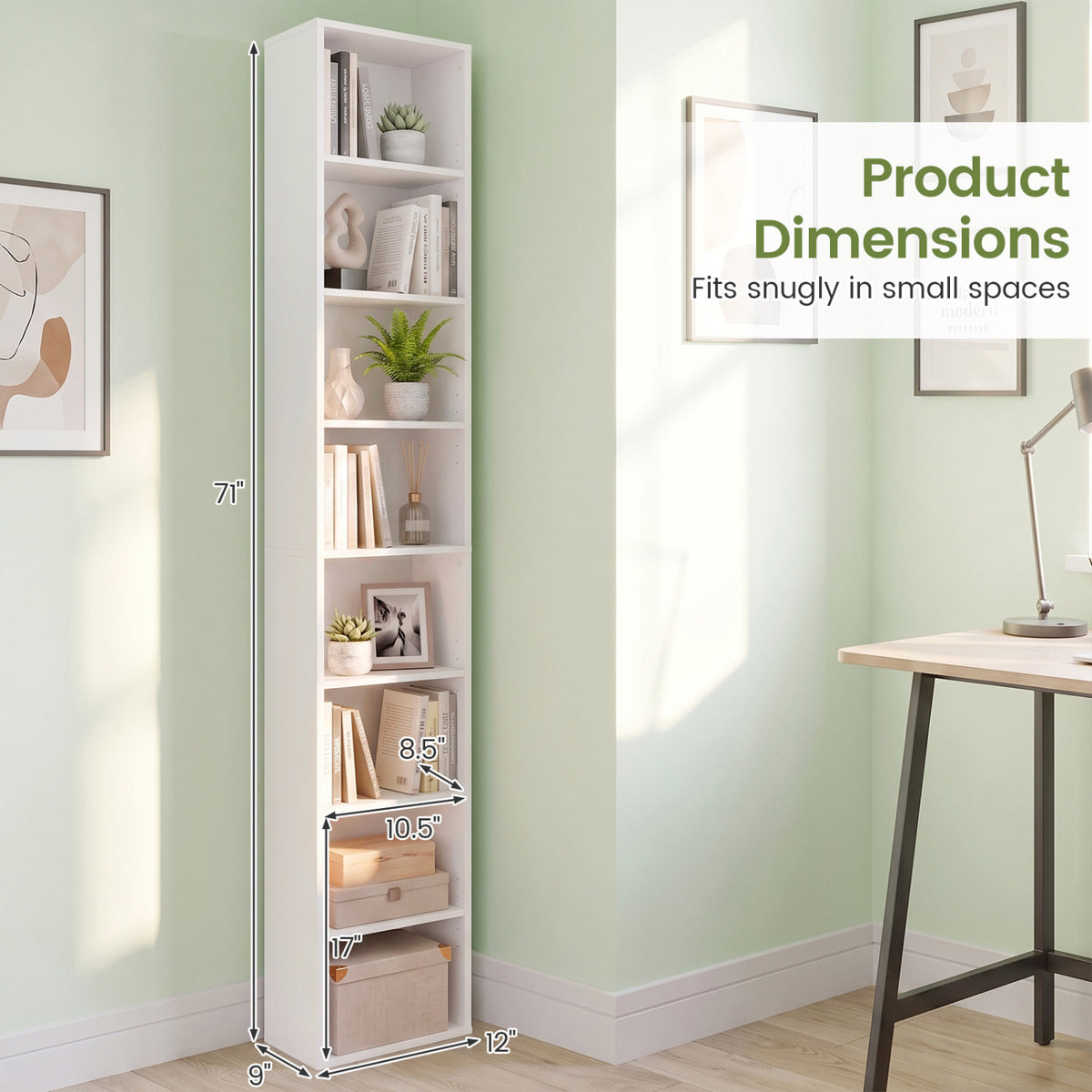 8-Tier Narrow Bookshelf with 4 Adjustable Shelves and Storage Cubes-White