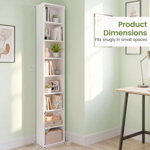 8-Tier Narrow Bookshelf with 4 Adjustable Shelves and Storage Cubes-White