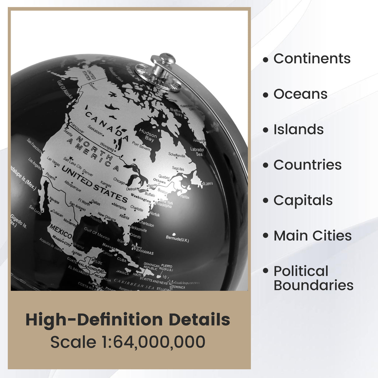 8" World Globe Modern Decorative Tabletop Earth Globe-Silver