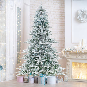 8 Feet Snow Flocked Artificial Christmas Tree with Cool White LED Lights