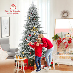 8 Feet Snow Flocked Artificial Christmas Tree with Cool White LED Lights