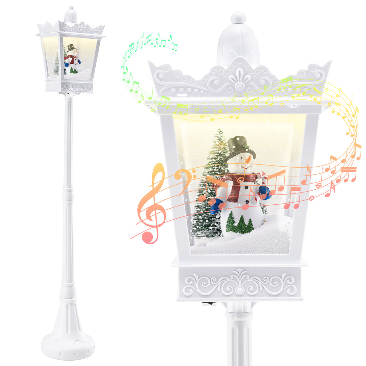 8 ft Musical Christmas Streetlight with Warm White LED Lights and Snowy Effects-White
