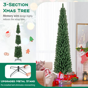 5/6/7/8 Feet Pencil Christmas Tree with 295/392/523/671 Memory Wire Branch Tips and Upgraded Metal Stand-8 ft