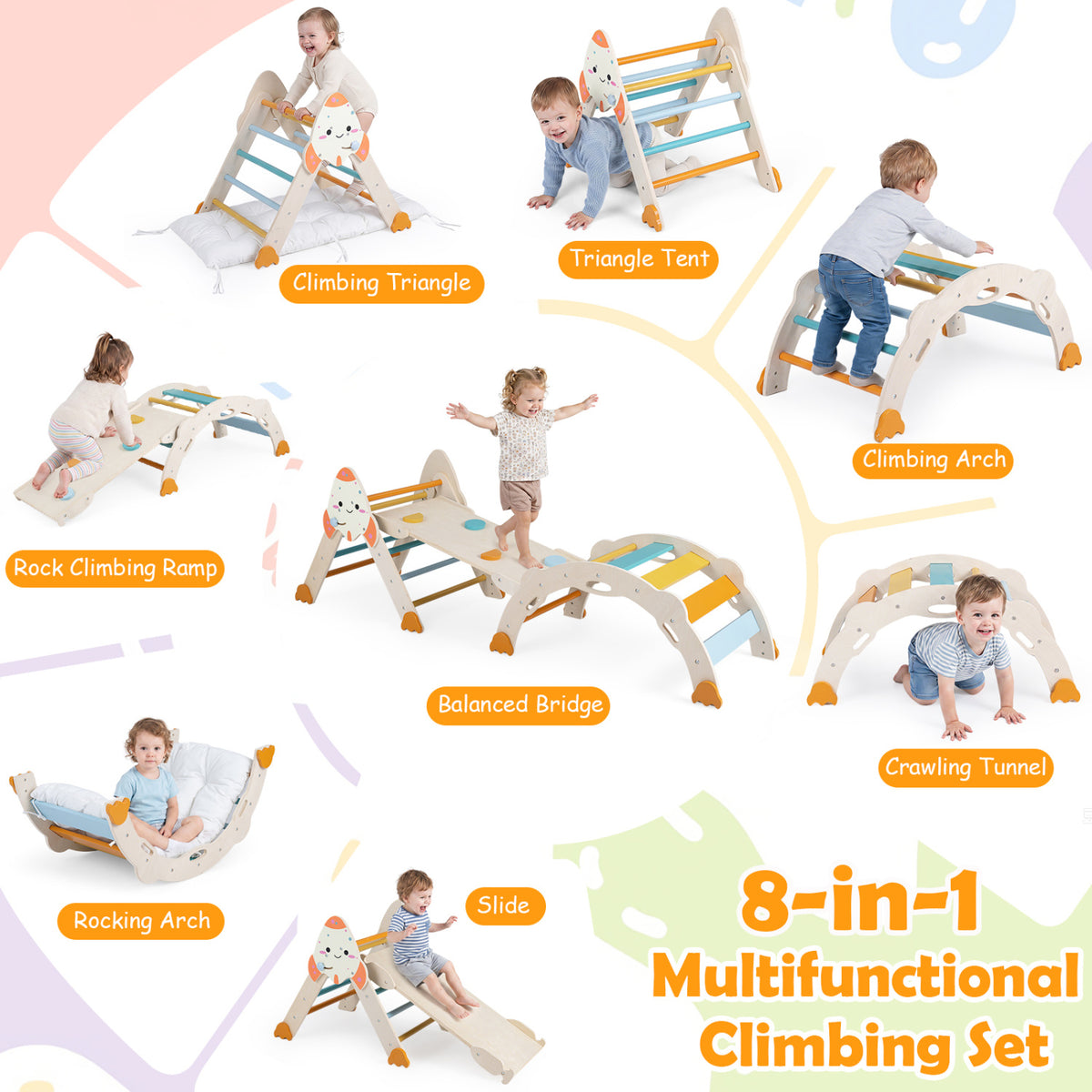8-in-1 Foldable Climbing Toys for Toddlers Rocket-Themed-Macaron