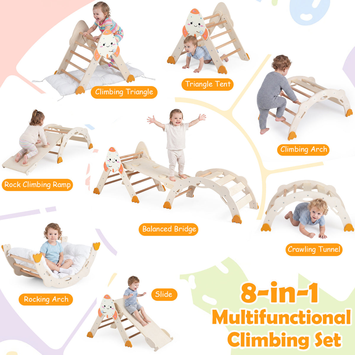 8-in-1 Foldable Climbing Toys for Toddlers Rocket-Themed-Natural