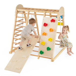 8-in-1 Foldable Indoor Jungle Gym for Kids with Swing and Monkey Bars-Natural