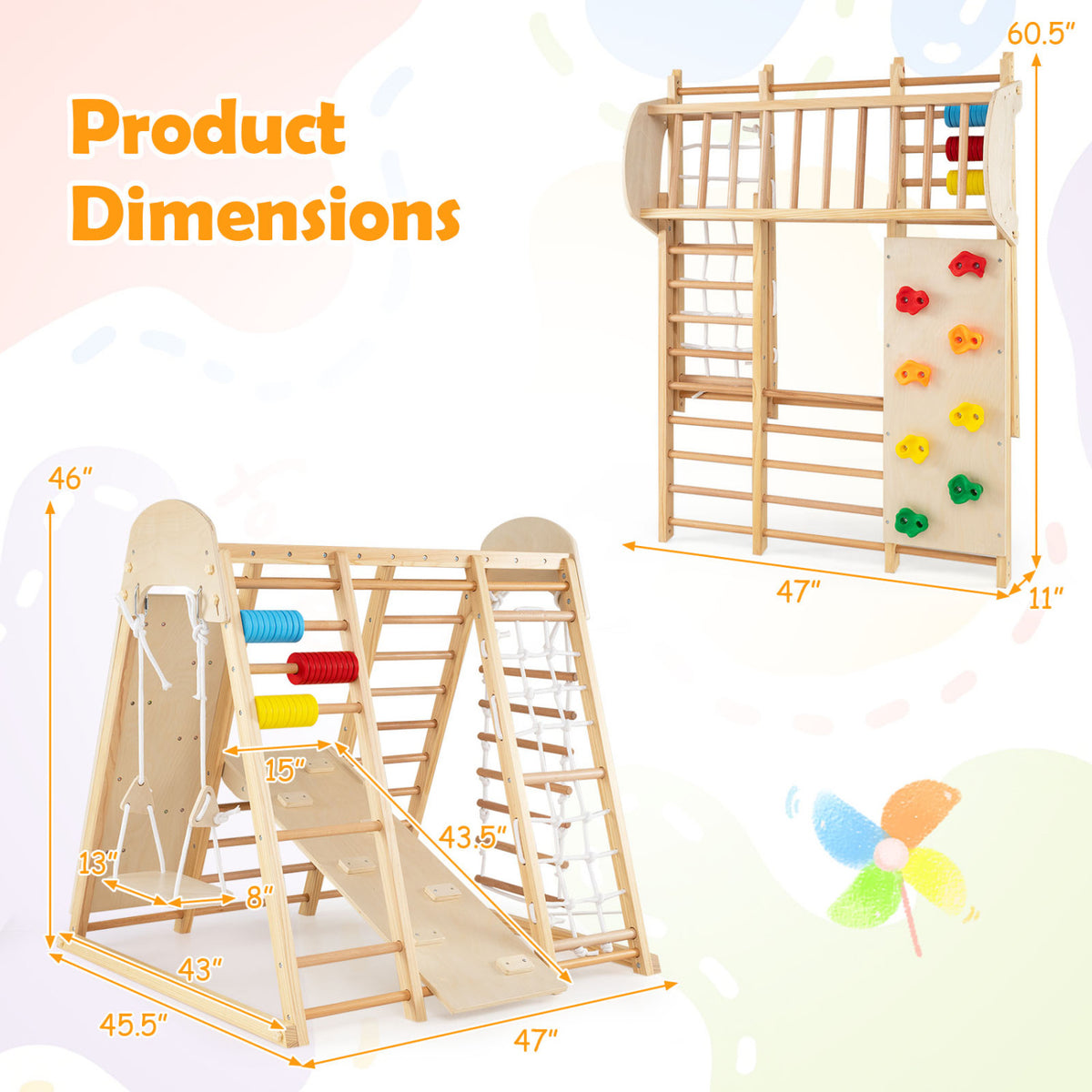 8-in-1 Foldable Indoor Jungle Gym for Kids with Swing and Monkey Bars-Natural