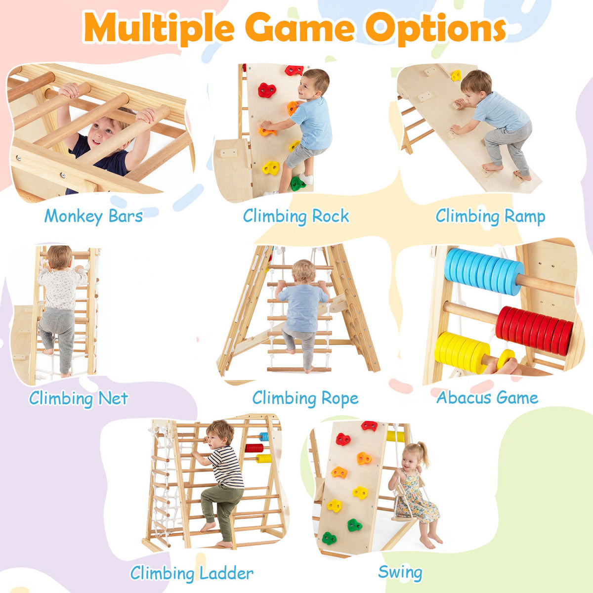 8-in-1 Foldable Indoor Jungle Gym for Kids with Swing and Monkey Bars-Natural