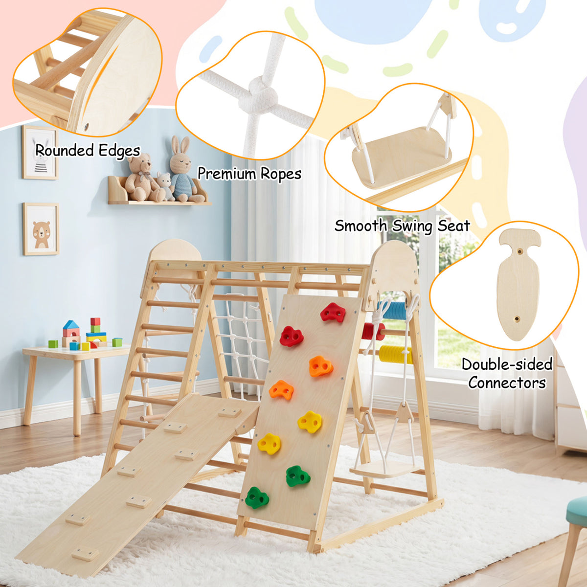 8-in-1 Foldable Indoor Jungle Gym for Kids with Swing and Monkey Bars-Natural