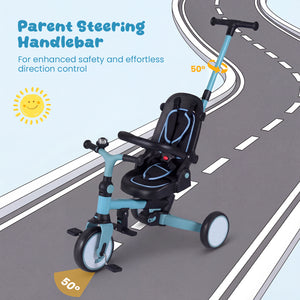 8-in-1 Folding Kids Tricycle with Removable Canopy and Push Handle-Blue
