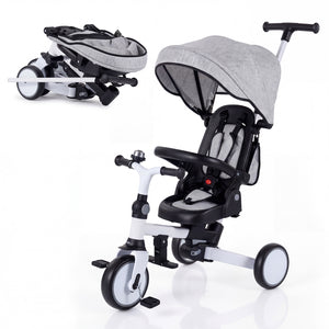 8-in-1 Folding Kids Tricycle with Removable Canopy and Push Handle-Gray