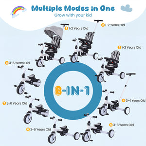 8-in-1 Folding Kids Tricycle with Removable Canopy and Push Handle-Gray