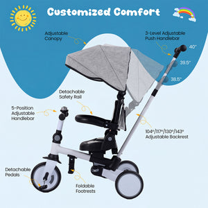 8-in-1 Folding Kids Tricycle with Removable Canopy and Push Handle-Gray