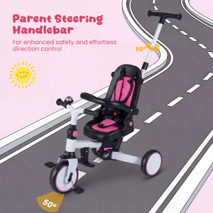 8-in-1 Folding Kids Tricycle with Removable Canopy and Push Handle-Pink