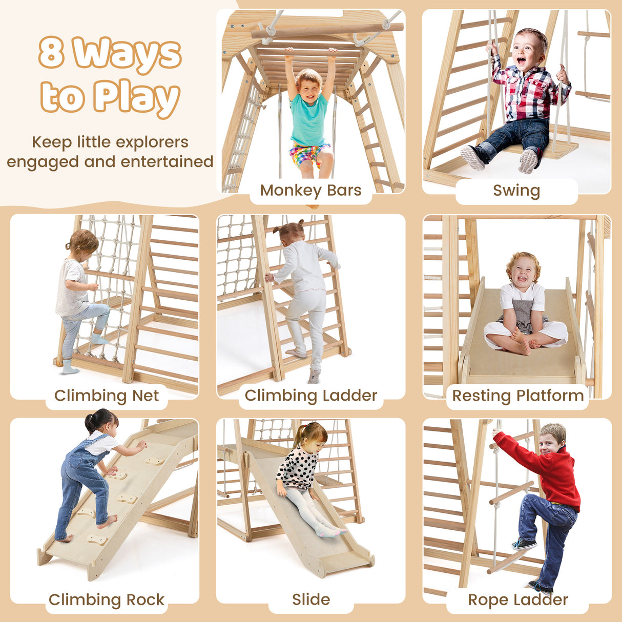 8-in-1 Jungle Gym Wooden Montessori Climber Playset with Slide and Monkey Bar for Kids 3-5 Years Old-Natural