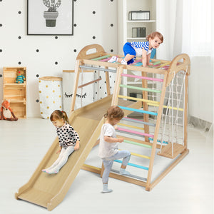 8-in-1 Jungle Gym Wooden Montessori Climber Playset with Slide and Monkey Bar for Kids 3-5 Years Old-Multicolor