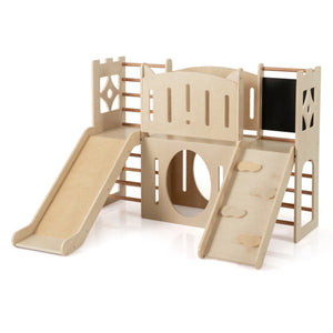 8-in-1 Toddler Slide Wooden Indoor Playground with Climber and Chalkboard-Natural