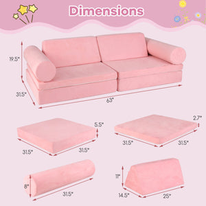 8 Pieces Kids Play Couch Foam Building Fort Play Set with Suede Cover-Pink